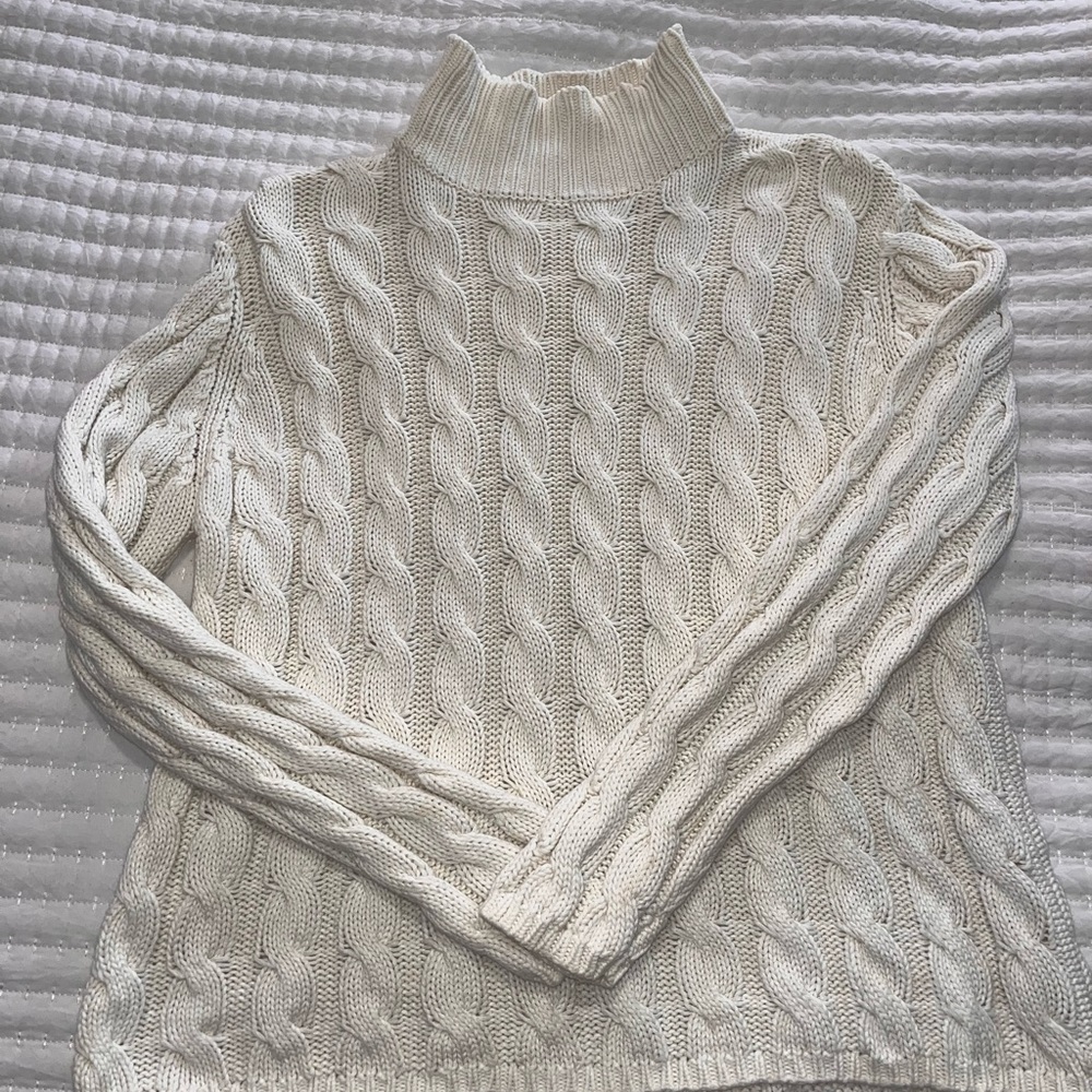L.L. Bean Cream Cable Knit Turtleneck Sweater